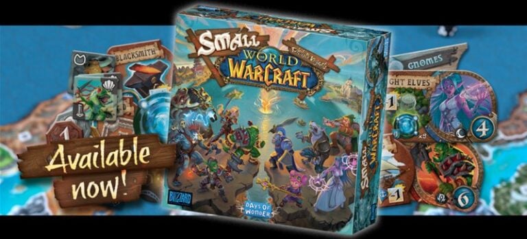 Image of the "Small World of Warcraft" board game box, featuring vibrant illustrations from the World of Warcraft universe. Text reads "Available now in the US!" with colorful game components in the background.