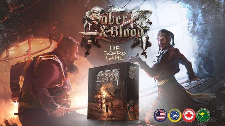 Promotional image for the Kickstarter board game "Saber & Blood." It captures two sword-wielding characters in a tense standoff, with the game box prominently displayed in the foreground. Various logos, including flags and symbols, line the bottom.
