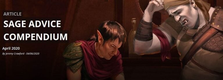 Illustration of two fantasy characters at a table. An elf with pointed ears and a red cape looks attentive, while an orc, wearing a white top and brown straps, gestures animatedly. Text reads: "Sage Advice Compendium Updates by Wizards of the Coast, April 2020.
