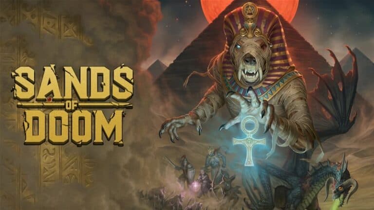 Ancient Egyptian-themed graphic for the RPG adventure "Sands of Doom." A fearsome creature resembling a pharaoh mummy stands in front of a pyramid, holding an ankh. Dark clouds and warriors surround the scene, with a large red sun above, creating tension perfect for our Kickstarter launch.