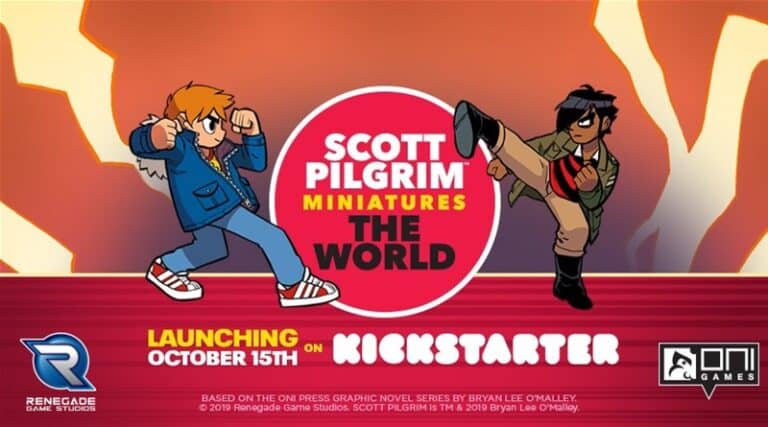 Promotional image for Scott Pilgrim Miniatures The World, featuring animated characters in dynamic fighting poses. Launching October 15th on Kickstarter with logos from Renegade Game Studios and Oni Games.