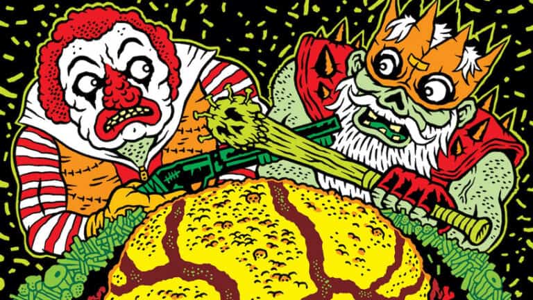 A vividly colored illustration captures two cartoonish, zombie-like characters in a dystopian TTRPG world. One wears a crown while the other sports red-striped sleeves; they aggressively hold weapons, confronting a large, yellow ball resembling either a planet or cheese.