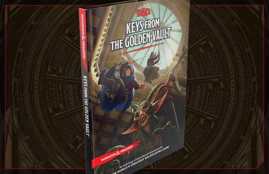 The cover of "Keys from the Golden Vault" captures a thrilling scene with adventurers embarking on heist adventures. A goblin-like character leads the charge into the vault, set against a backdrop of an intricate, dark circular pattern.