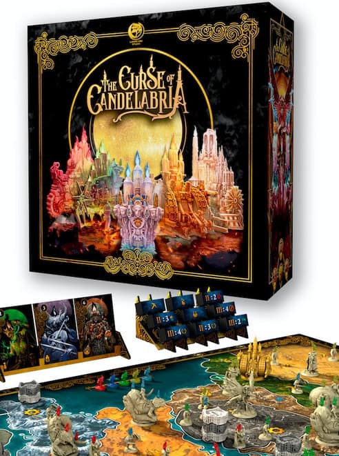 A board game titled "The Curse of Candelabria" features intricate city artwork on the box cover, hinting at its Kickstarter origins. The components include detailed figurines, cards, and a colorful board showcasing various regions and structures.
