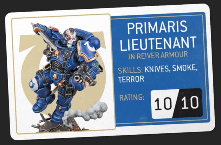 This Warhammer 40,000 card showcases a "Primaris Lieutenant" in striking blue armor, expertly wielding a weapon. With skills like knives, smoke, and terror, it’s rated 10/10. The gold emblem and decorative border add flair, perfect for those interested in customization options with the Primaris Lieutenant Kit.