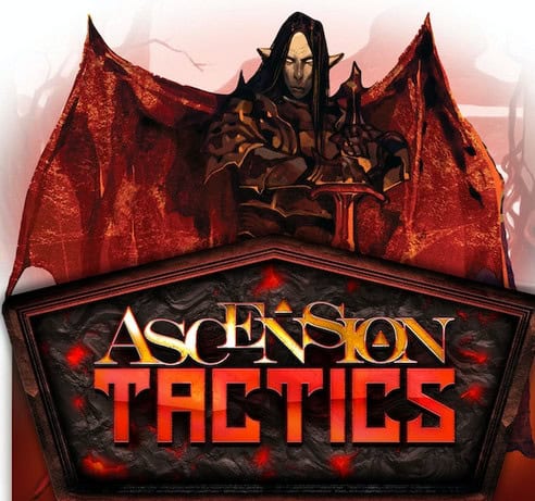 Cover art for "Ascension Tactics: Inferno" features a cloaked figure with pointed ears and dark armor, holding a sword. The background displays fiery red wings and the title is written in bold, stylized letters at the bottom.