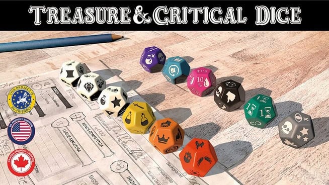 Assorted polyhedral dice from custom dice sets with various icons are lined up on a character sheet. Two patches with USA and Canada flags are visible. A pencil lies nearby, hinting at an RPG adventure. The text "Treasure & Critical Dice" is displayed at the top, reminiscent of Giochix designs.