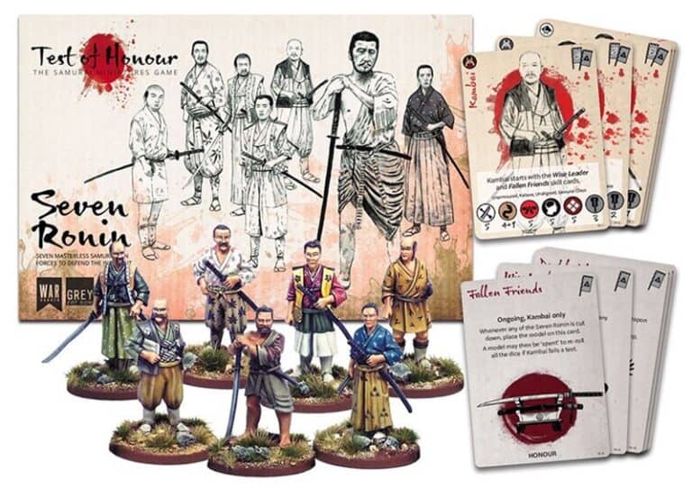 Pre-order the "Test of Honour: Seven Ronin" box set, featuring intricate miniatures of samurai warriors and beautifully illustrated playing cards. The packaging highlights themes of honor and strategy, making it an essential addition for enthusiasts.