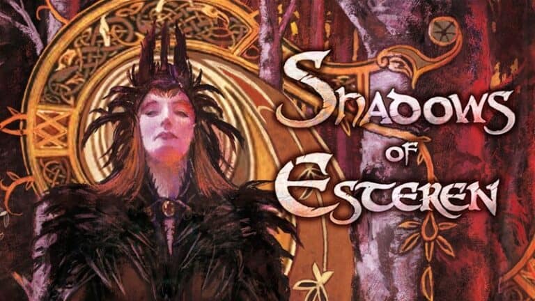 A fantasy character clad in dark, intricate armor stands with a stern expression. Behind them, an ornate golden design glows. The text "Shadows of Esteren Art Book" is prominently displayed on the right, inviting fans to explore this mystical realm on Kickstarter.