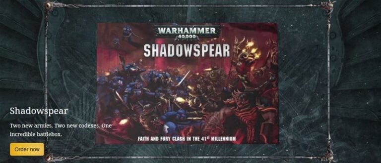 The image portrays the Shadowspear Box Set cover by Games Workshop, showcasing sci-fi soldiers in blue and red armor clashing fiercely. It highlights two new armies with codexes, inviting enthusiasts to "Order now" and dive into the thrilling battle experience.