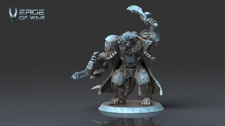 A detailed figurine of a sci-fi warrior in heavy armor holding a weapon in each hand, standing on a base. The warrior, part of the Sci-Fi Minis Game collection, boasts intricate metallic textures and a dynamic pose. The dark background features "Verge of War" text in the corner.