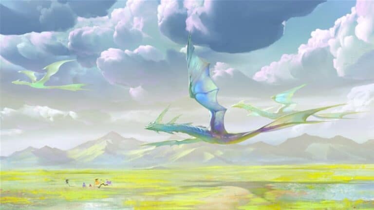 In a mythical scene, large translucent dragons soar over a vast yellow-green field beneath a cloudy sky, setting the stage for an epic RPG Supplement. Mountains loom in the background while small figures below embark on their Side Quest Chronicles.