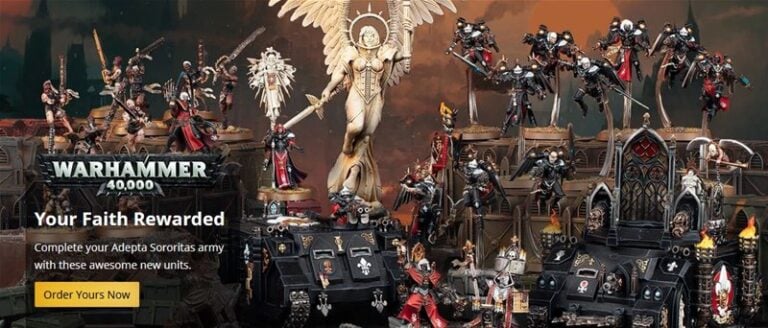 Image of a Warhammer 40,000 display featuring Games Workshop's Adepta Sororitas miniatures, known as the Sisters of Battle. The scene includes new units like armored vehicles and soldiers surrounding a prominent angelic figure. Text overlay: "Your Faith Rewarded. Order Yours Now.