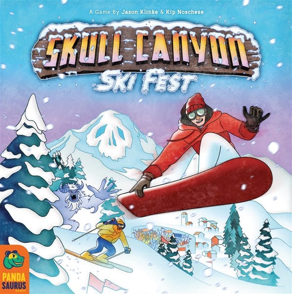 Illustrated board game cover showcasing snowboarders and skiers racing down a snowy mountain. The title "Skull Canyon Ski Fest" crowns the scene, while a snowy village and ski lifts provide the backdrop. Snowflakes swirl like confetti, adding magic to this thrilling Ski Fest adventure.