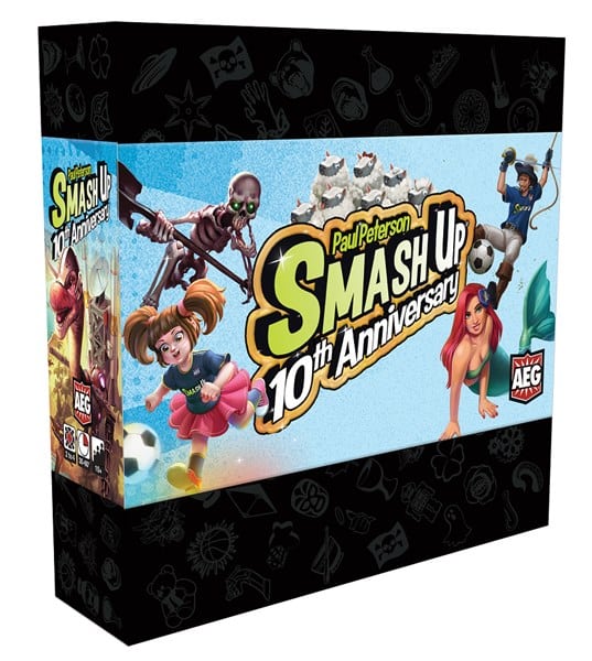 Box art for AEG's board game "Smash Up: 10th Anniversary" by Paul Peterson features vibrant characters, including a skeleton, a girl in pink, a woman in a red dress, and a soccer player against a blue backdrop.