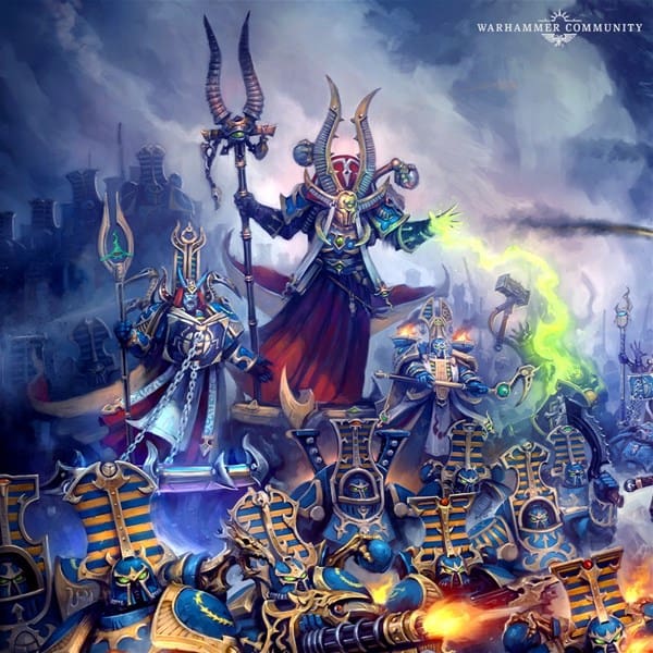 A fantasy-themed scene reminiscent of the Warpmeld Pacts, featuring armored figures in ornate costumes and vibrant colors, with glowing weapons and magical effects. A central figure holds a staff amidst billowing smoke and dynamic lighting. A mystical, battle-ready atmosphere prevails.