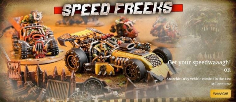 Explore the thrilling world of Speed Freeks with this tabletop game scene. A detailed, futuristic Ork vehicle in dazzling yellow stands ready for combat amid other war machines on a desert landscape, capturing the essence of Games Workshop's epic 41st millennium setting.