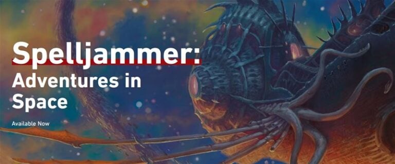 Experience the enchanting cover art of "Spelljammer: Adventures in Space," featuring a fantastical spaceship with tentacle-like designs amidst a vibrant cosmic backdrop. Dive into this otherworldly adventure—Spelljammer is available now!
