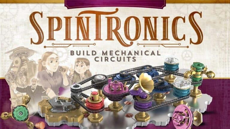 Cover of "Spintronics: Build Mechanical Circuits" featuring intricate gears and mechanical components, with illustrations of people in vintage clothing. The design includes colorful cogs, chains, and a playful nod to its Kickstarter origins, suggesting interactive, educational content akin to a game.