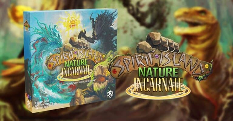 The box art for the "Spirit Island: Nature Incarnate" expansion showcases vivid artwork of mythical creatures and natural elements, with a version of the game logo proudly displayed to its right. Look for this stunning set on BackerKit to enhance your Spirit Island adventures.