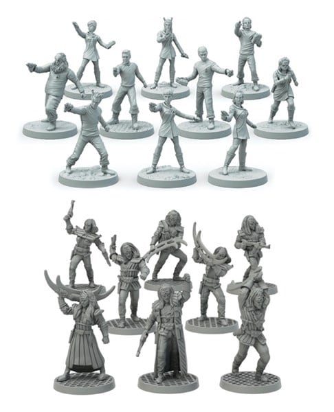 A stunning collection of gray miniature figures, expertly crafted through 3D printing. The top group showcases zombie-like characters in eerie poses, while the bottom features warriors with swords and guns in dynamic stances, reminiscent of epic Star Trek Minis by Modiphius.