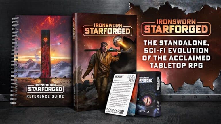 An image showcasing "Ironsworn: Starforged" Sci-Fi RPG materials, including a reference guide, main rulebook displaying an explorer with a torch, cards, dice, and asset deck set against a cosmic background. Text highlights the game's evolution in the Ironsworn series.