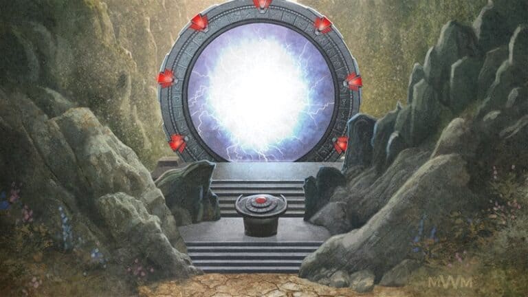 A magical portal with glowing energy at its center stands in a rocky landscape. Steps lead up to the circular structure adorned with red triangular symbols, reminiscent of the iconic Stargate RPG. Vegetation surrounds the scene, creating a mystical atmosphere as if an official adventure awaits.