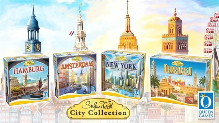 Image showcasing four board game boxes from the Stefan Feld City Collection: Hamburg, Amsterdam, New York, and Marrakesh. Each box stands before its city's skyline, with Kickstarter-backed Queen Games logo anchoring the bottom right.