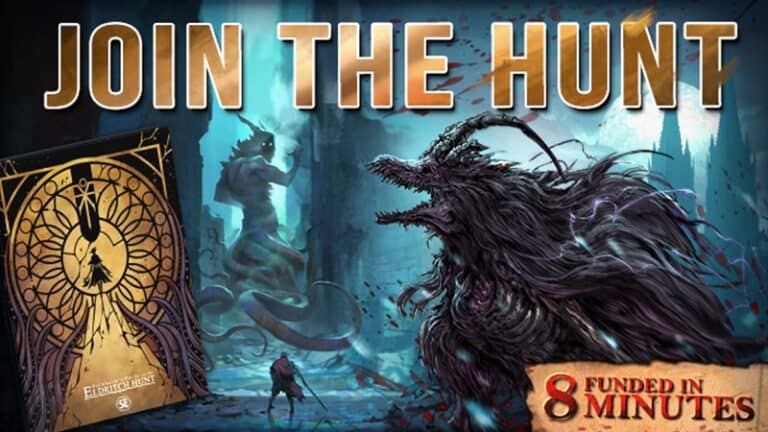 Promotional image for "Steinhardt's Guide" featuring an eldritch creature and a grand castle. Text reads "JOIN THE HUNT" and highlights "Funded in 8 minutes." A mysterious deck of cards from the RPG supplement is also visible.
