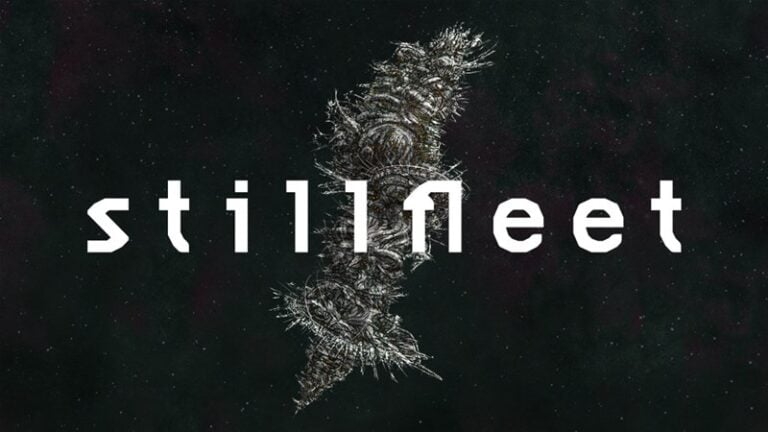 A dark, space-themed background with intricate, spiky shapes resembling a futuristic spacecraft in the center. The text "stillfleet" is boldly displayed in stylized white letters, hinting at an upcoming Sci-Fi RPG adventure on Kickstarter.