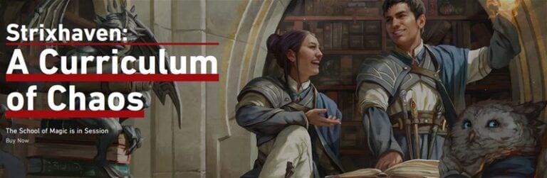 A fantasy-themed image of two people in wizard-style robes inside a mystical library. They are engaged in conversation with an open book and a small creature nearby. The text reads: "Strixhaven: A Curriculum of Chaos," available as an RPG supplement now.