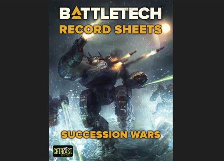 Cover of "BattleTech Record Sheets: Succession Wars" by Catalyst Game Labs, showcasing a futuristic battle scene from the BattleMech Manual, with a large armored mech firing weapons in a snowy environment. Several projectiles and explosions light up the background.