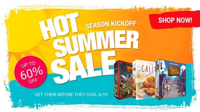 A vibrant banner for the "AEG Hot Summer Sale" showcases discounts up to 60% on board games like "Machi Koro," "Calico," and "Tiny Towns." Don't miss out—shop now and save before June 19th!