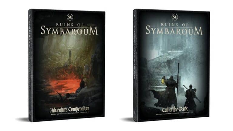 Two book covers for "Ruins of Symbaroum." The left cover depicts a mysterious, dark scene with red lighting. The right shows silhouetted figures approaching a misty, illuminated area. Both are supplements in this fantasy role-playing series and are available now.