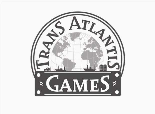 Announcing the new logo for Trans Atlantis Games, featuring a circular design with a globe at the center. Silhouetted buildings and ships line the bottom, highlighting the brand name in bold letters. The overall grayscale color scheme perfectly captures our exciting launch.