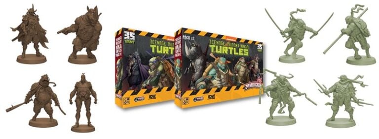 Discover the thrilling world of TMNT Zombicide figures with these exciting boxes and miniature characters. Each figure depicts humanoid animals armed for battle, while two vibrant boxes showcase captivating artwork of the Turtles. Don't miss out—secure your IDW pre-orders now!