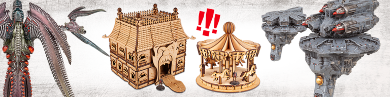 This fantasy-themed collection includes a winged creature, a wooden house with an open mouth entrance, and a carousel with horses. Futuristic gray structures resemble Space Stations, while red exclamation marks emphasize the scene against a textured background.