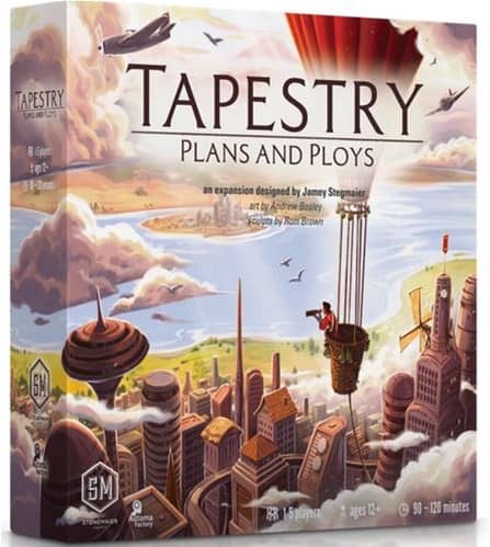 The image showcases the box art for the expansion "Tapestry: Plans and Ploys." It features a whimsical cityscape with floating islands, futuristic buildings, and a person in a hot air balloon. Designed by Jamey Stegmaier, this captivating addition is now available for pre-order.