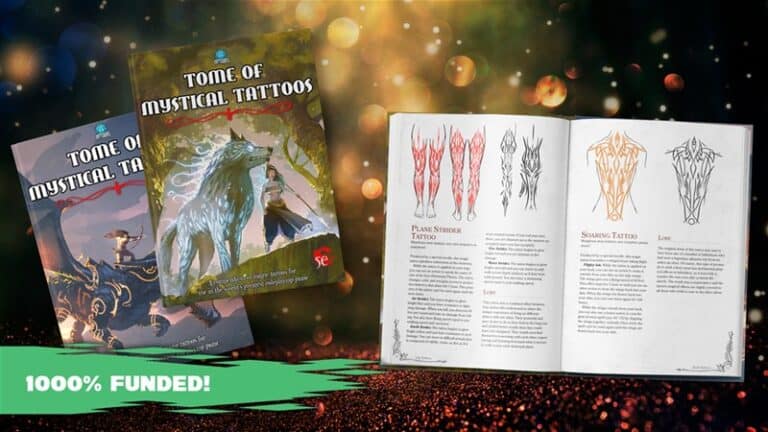 Two fantasy-themed books titled "Tome of Mystical Tattoos" with mystical illustrations on the covers. One book is open, revealing tattoo designs and descriptions. A banner reads "1000% Funded!" against a glowing backdrop, showcasing its success as a Kickstarter RPG supplement.