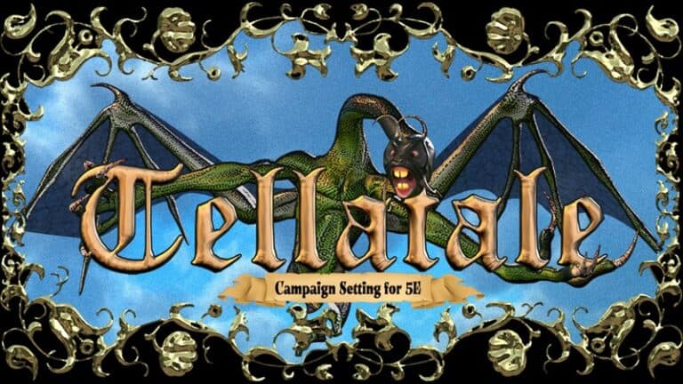 A winged green dragon-like creature stands at the center, adorned with ornate golden floral decorations. A banner across the creature proclaims, "Telltale RPG: Campaign Setting for 5E!", hinting at its upcoming Kickstarter launch. A blue sky provides a striking backdrop.