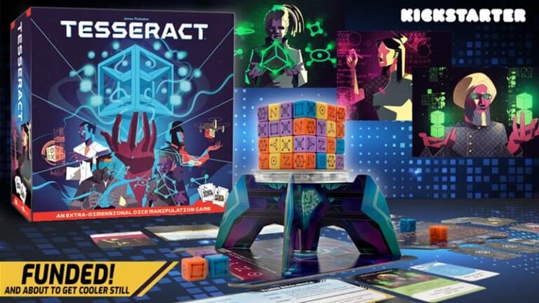 A promotional image for Tesseract, a captivating cooperative board game, showcases colorful dice on a futuristic stand, game cards, and a box with vibrant sci-fi artwork. A prominent "FUNDED!" banner highlights its success on Kickstarter.