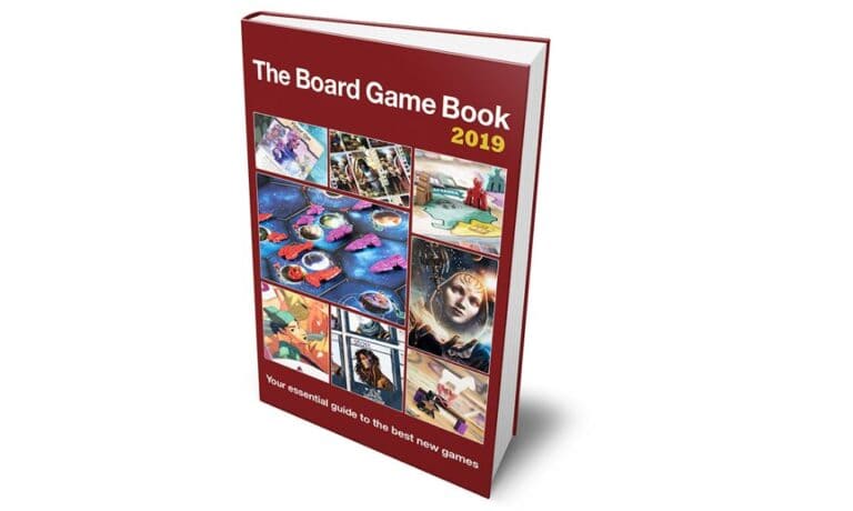 A red book titled "The Board Game Book 2019" showcases images of diverse board games on its cover, serving as your essential guide to the best new games. Inspired by Kickstarter successes, it captures the excitement of discovering innovative board games.