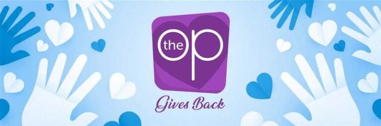 Illustration of a purple logo with "the op" in white text, surrounded by white and blue hands and hearts on a light blue background. Below the logo, it reads "Gives Back" in purple script, symbolizing how OP Games helps foster community support and environmental awareness.