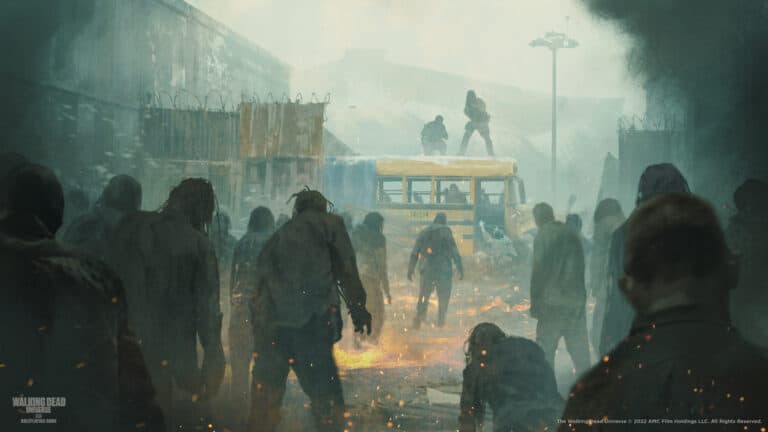 A group of zombies shuffles through a burned-out area, debris and flames scattered around. In the background, a school bus stands as a precarious fortress with two armed figures perched on its roof, aiming at the advancing threat. This chaotic scene could be straight from the Walking Dead Universe RPG.