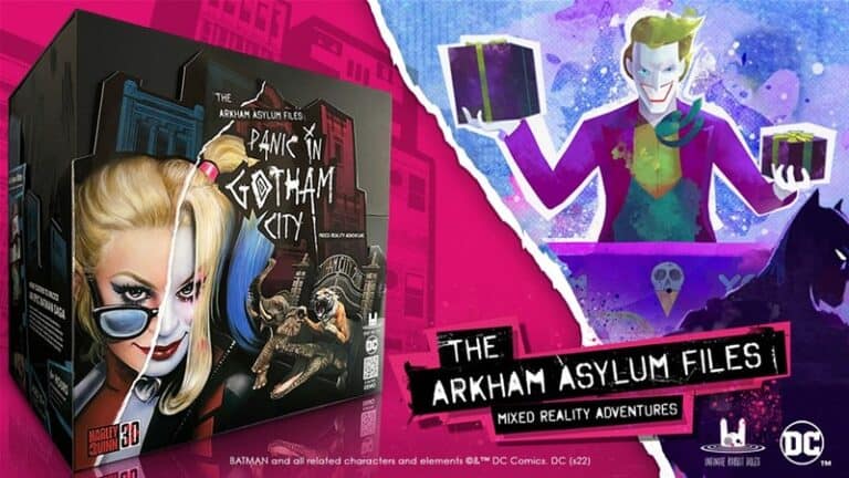Board game box titled "The Arkham Asylum Files: Panic in Gotham City" features an illustrated character with pale skin and multicolored clothing. The comic-style cityscape and a masked figure with blond hair hint at an AR Game experience. Logos are displayed at the bottom.