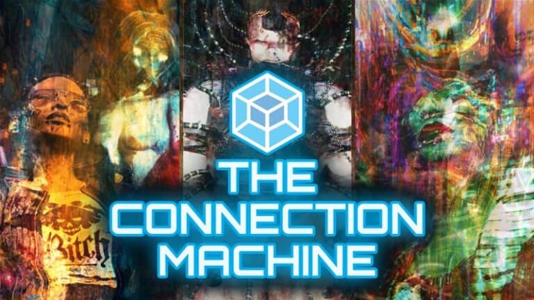 Colorful abstract artwork featuring three figures with a central geometric cube design, reminiscent of a sci-fi RPG aesthetic. The text "The Connection Machine" stands out in bold, blue letters. The overall composition exudes a digital, futuristic feel, perfect for promoting on Kickstarter.