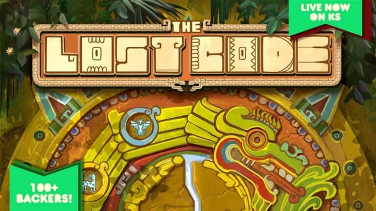 Colorful promotional image for "The Lost Code" board game featuring a stylized ancient design with a dragon motif. Text reads "Live Now on KS" and "100+ Backers!" surrounded by lush greenery and tribal patterns, capturing the excitement of its Kickstarter launch.