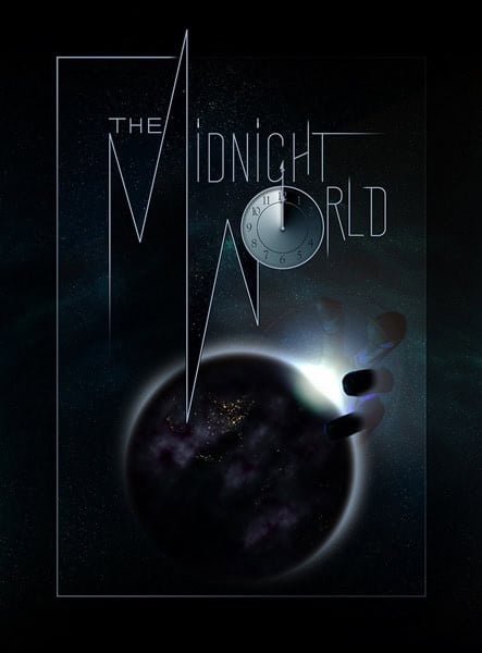 A dark, surreal image features the text "The Midnight World" with a clock striking midnight. Against a mysterious planet and eerie light source, the cosmic atmosphere evokes the essence of a chilling Midnight World Horror RPG.