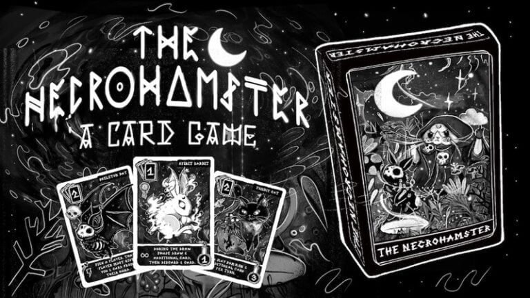 Promotional image for "The Necrohamster: A Card Game," now live on Kickstarter. Showcasing a dark, mystical design with a moonlit theme, the image includes three illustrated cards of fantasy creatures and a boxed set featuring a whimsical hamster character under a crescent moon.
