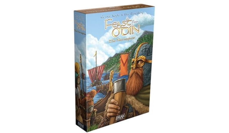 The image displays the board game box for "A Feast for Odin: The Norwegians Expansion" by Z-Man Games. The artwork highlights a Viking gripping a drinking horn, set against a backdrop of ships and majestic mountains.